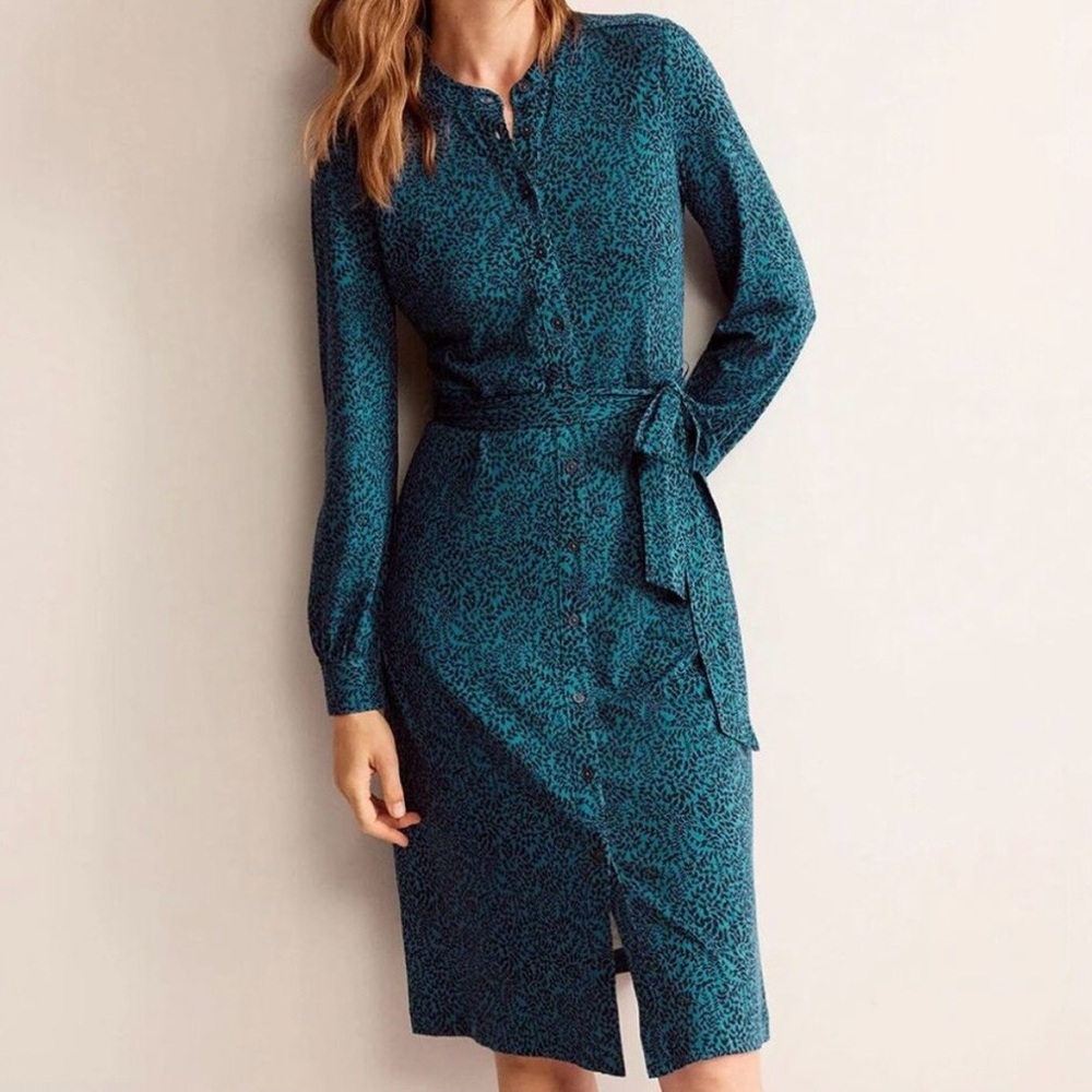 Boden Blue Teal Patterned Julia Jersey Midi Shirt Dress Women’s 8 Career Modest